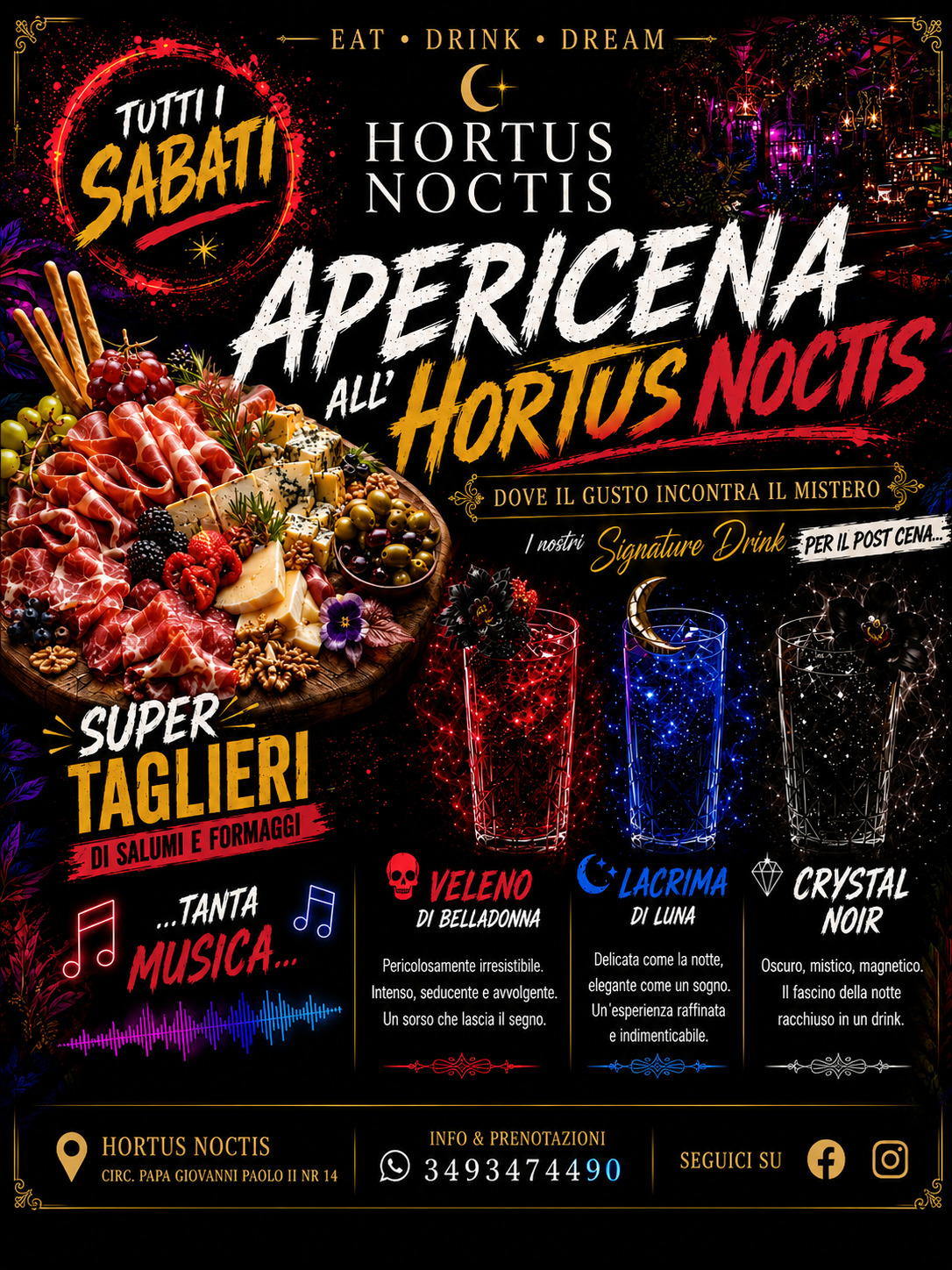 Evento apericena del sabato con super taglieri e signature drink esclusivi presso Hortus Noctis a Caravaggio.