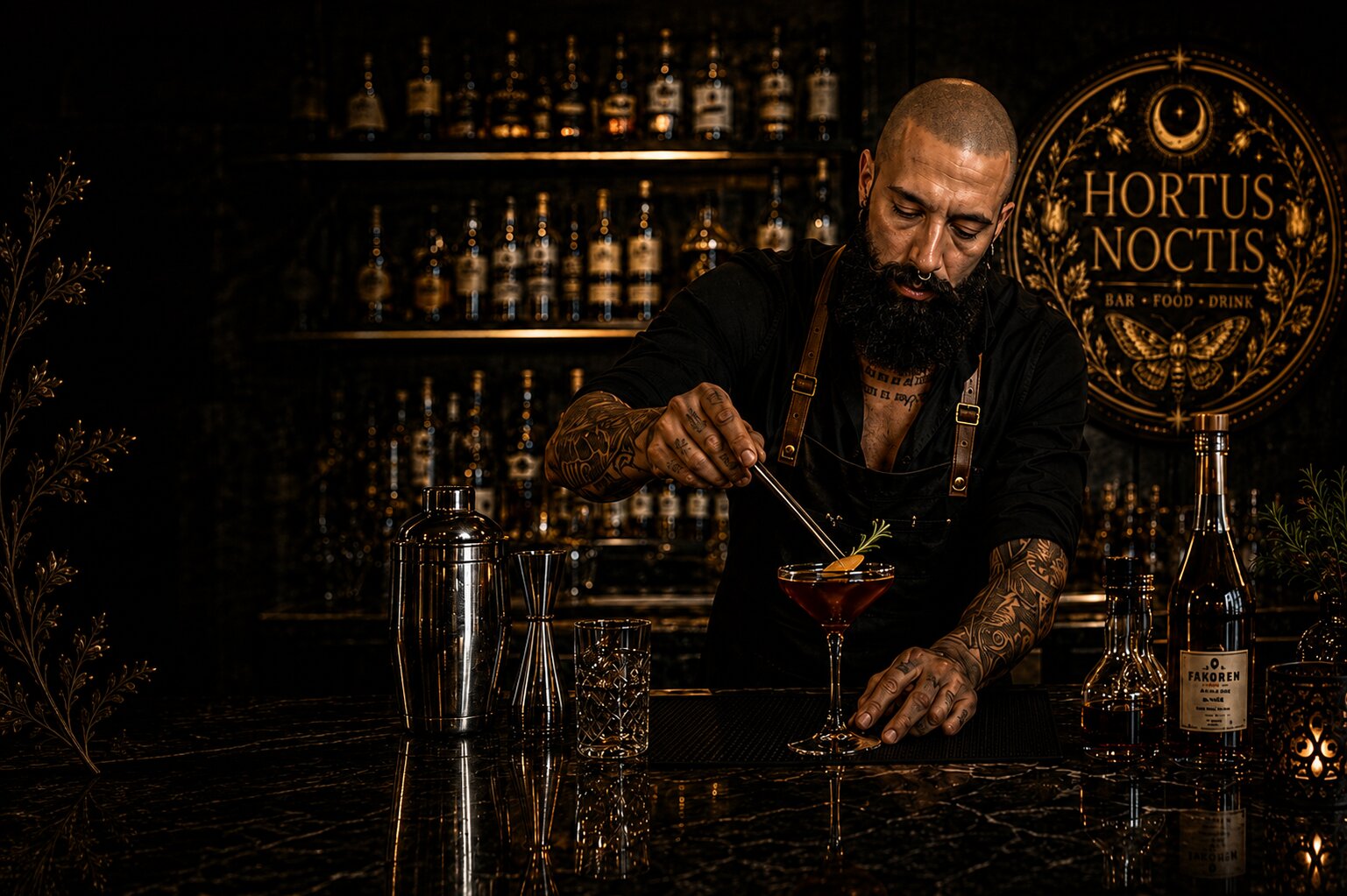 Bartender tatuato prepara un cocktail in un elegante bar dall'atmosfera scura e raffinata.