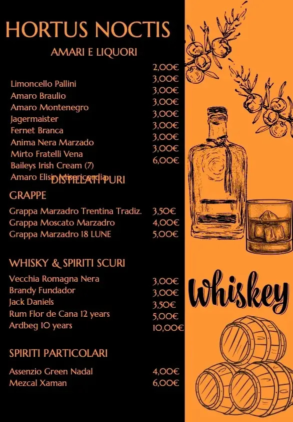 Menù dei drink con selezione di amari, grappe, whisky e liquori premium, affiancato da illustrazioni in stile vintage.