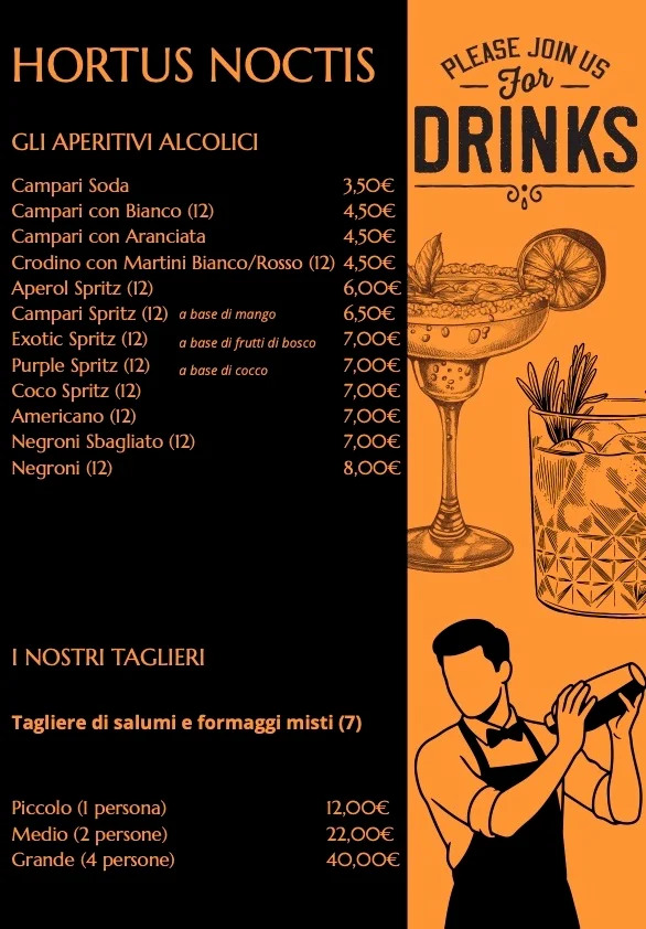Menù con prezzi di aperitivi alcolici classici, cocktail e taglieri di salumi, decorato con illustrazioni di drink.
