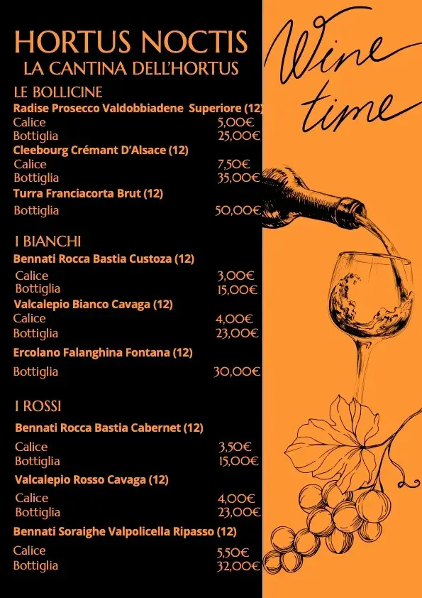 Carta dei vini con prezzi al calice e bottiglia per bollicine, bianchi e rossi, con disegno di un calice e grappolo d'uva.