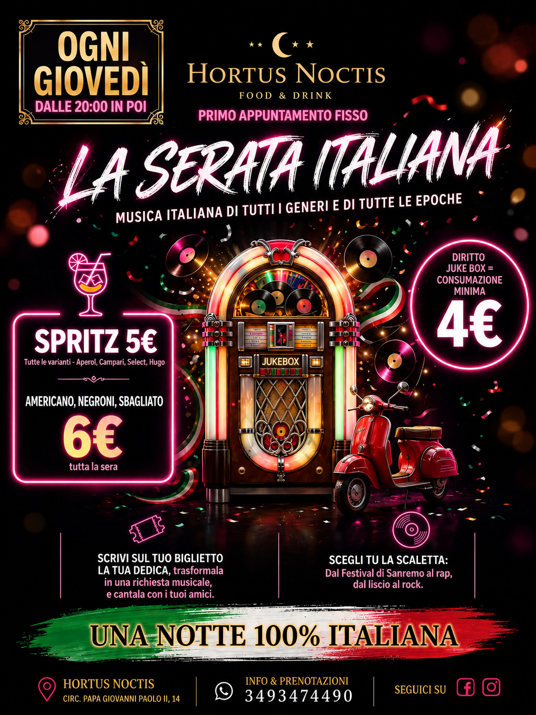 Serata Italiana del giovedì con musica jukebox e promozioni spritz al cocktail bar Hortus Noctis a Caravaggio.