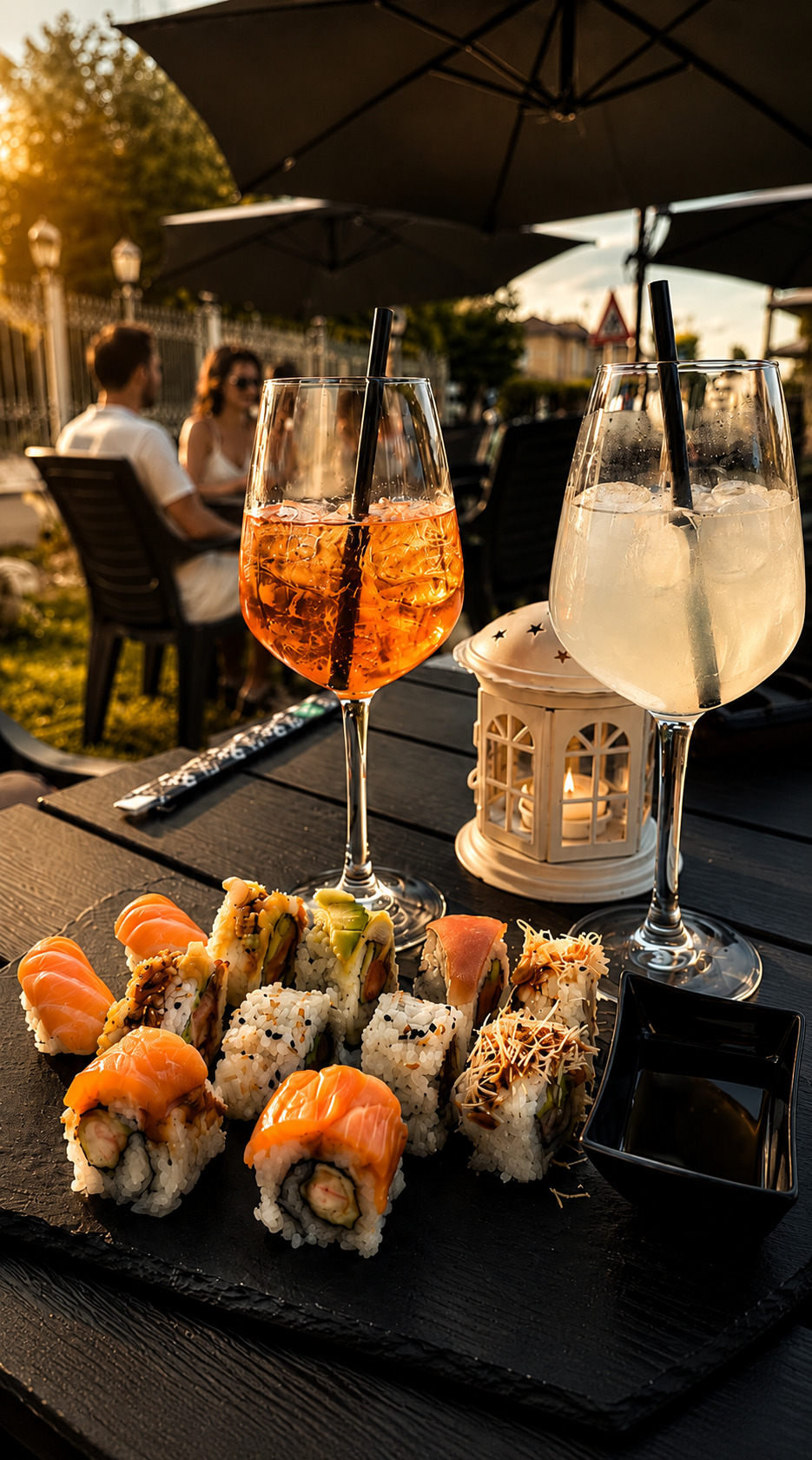 Piatto di sushi e due spritz ghiacciati su un tavolo scuro con lanterna accesa, in un dehor all'aperto al tramonto.